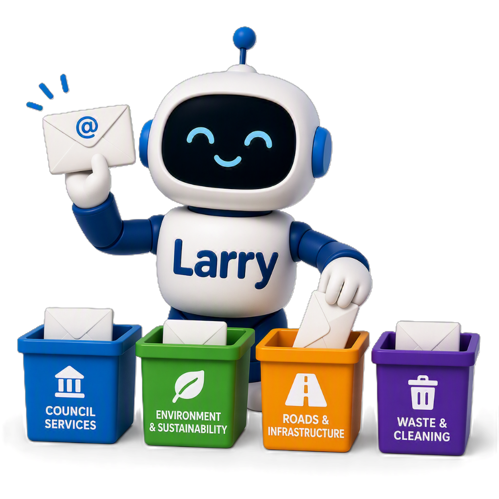 Larry the email classification robot sorting mail into category bins