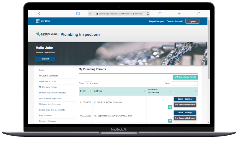 Plumbing Inspection Bookings screen shot